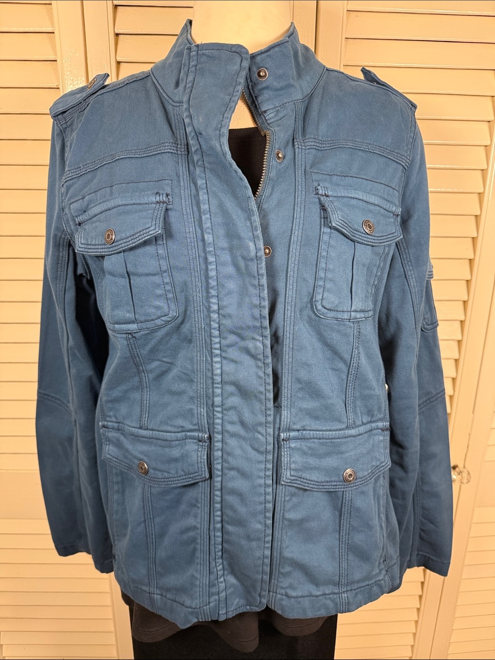 Kensie jeans Teal Blue Utility Military Cargo Jacket Sz L Full Zip Snap Cotton